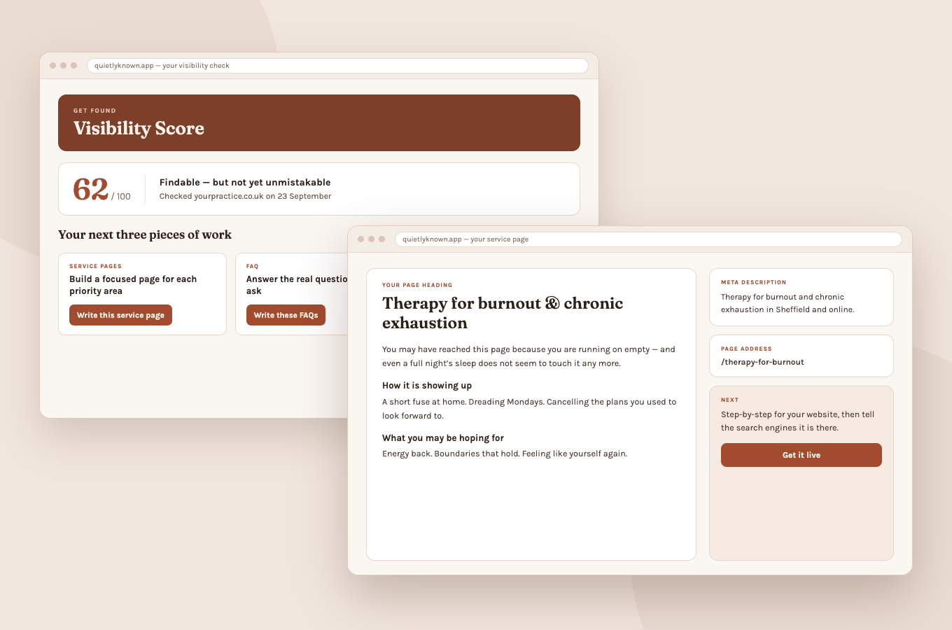Quietly Known shown on a laptop and tablet, with a visibility score and personalised service page