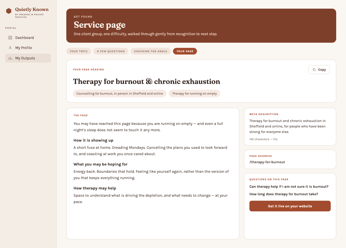 Quietly Known service page writer showing a personalised therapy page draft