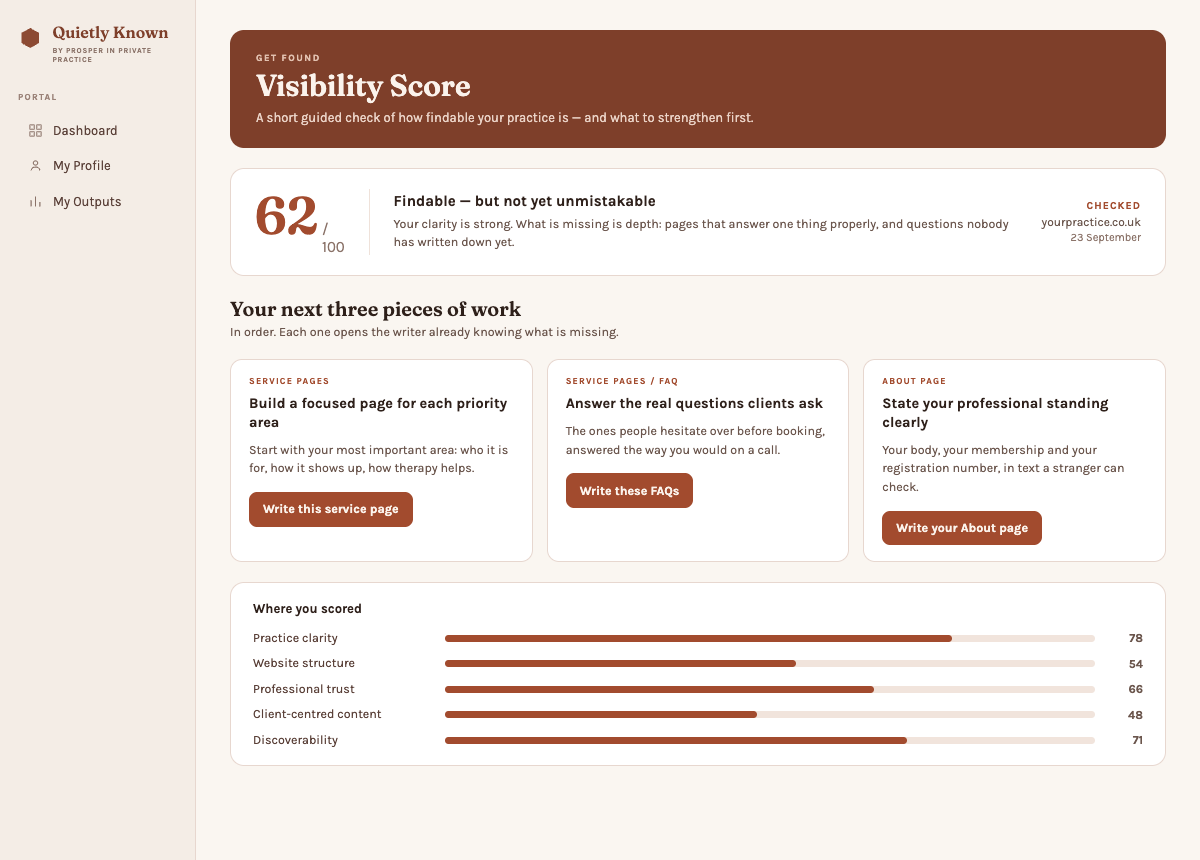 Quietly Known visibility score with three recommended pieces of work